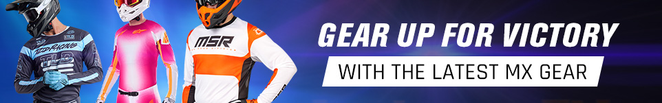 Gear up for victory with the latest mx gear, three guys wearing the latest gear from Troy Lee Designs, Alpinestars, and MSR, dramatic blue lighting in the background